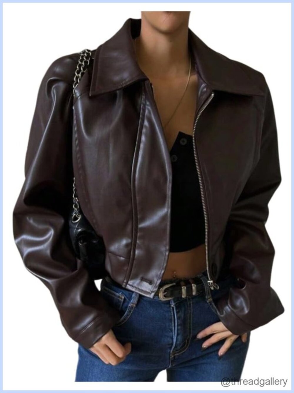 Women's Cropped Faux Leather Bomber Jacket Y2K Zip Up Coat